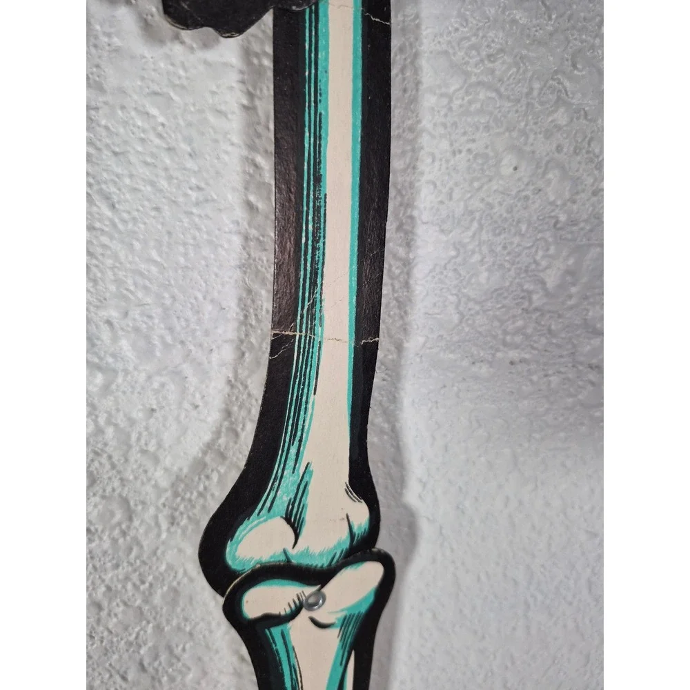 Vtg Beistle Jointed Cardboard Skeleton Halloween Decoration Teal Cream 36 Inch